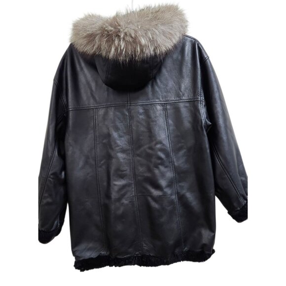 Woman's Dyed Black Sheared Mink Fur Parka Reversing to Black Leather M/L - Picture 4 of 16